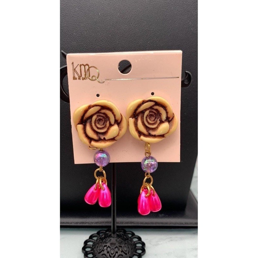 Vintage New Old Stock KMQ Flower Bead Dangle Clip On Earrings